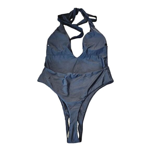 Lilosy Womens Black Halter Deep V-Neck Wrap Tie Waist One-Piece Swimsuit Size L - Picture 5 of 14